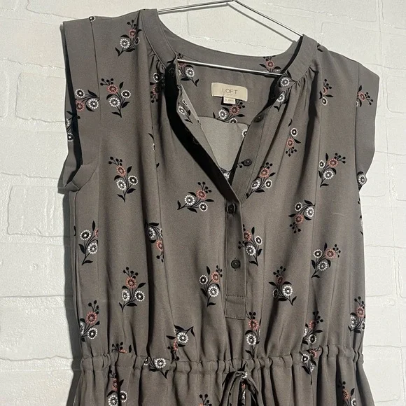 LOFT Womens Dress Taupe Gray Floral Tunic Drawstring Waist Bohemian Small - Picture 2 of 9